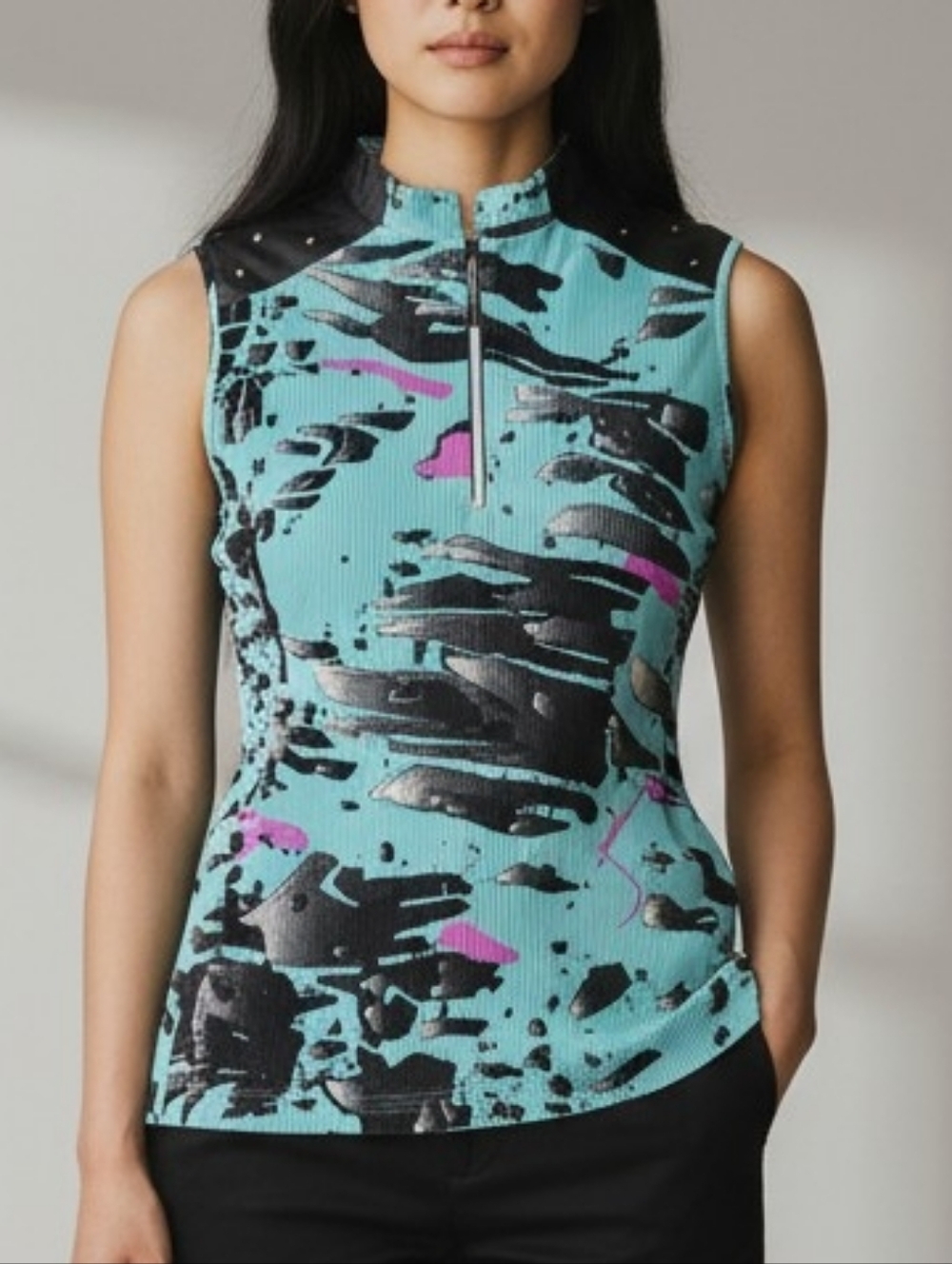 Jamie Sadock Aqua Mock-Neck Sleeveless Top with Black & Pink Accents